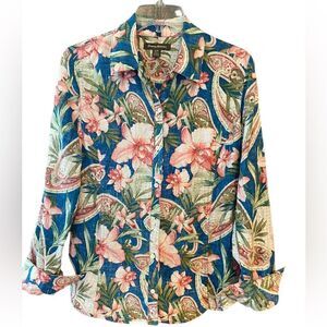 Tommy Bahama Sz S Teal Pink Hibiscus Linen Summer Button Down Collar Shirt